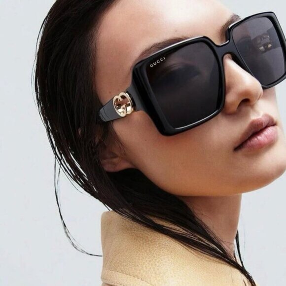 Gucci GG1692SA 001 Sunglasses Shiny Black Square Frame, Grey Lenses main image 8
